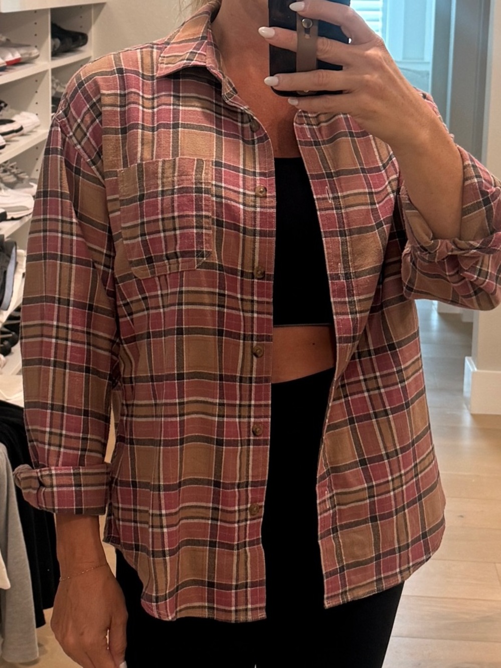 Aeropostale Plaid Shirt Jacket in Pink, Tan, Black and Cream